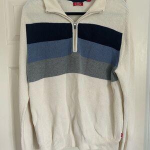 Izod Cream and Blue Zip Up Sweater with Stripes Size Large